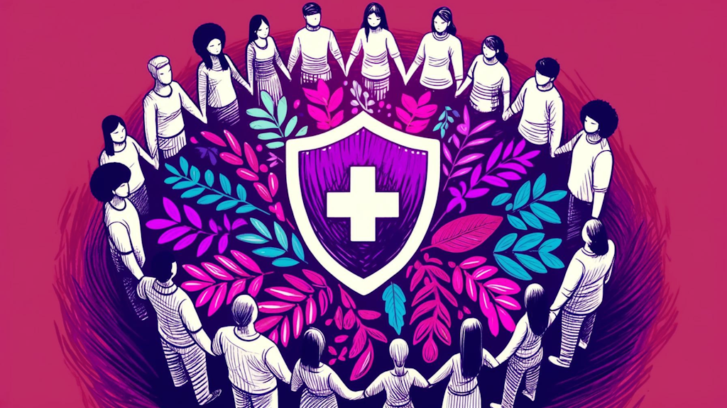 A group of diverse people standing behind a large shield or barrier that symbolizes protection, representing safety, support, and solidarity. AI generated.