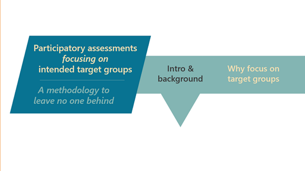 Words on the graphic are: Participatory assessments focusing on intended target groups: A metholdology to leave no one behind.