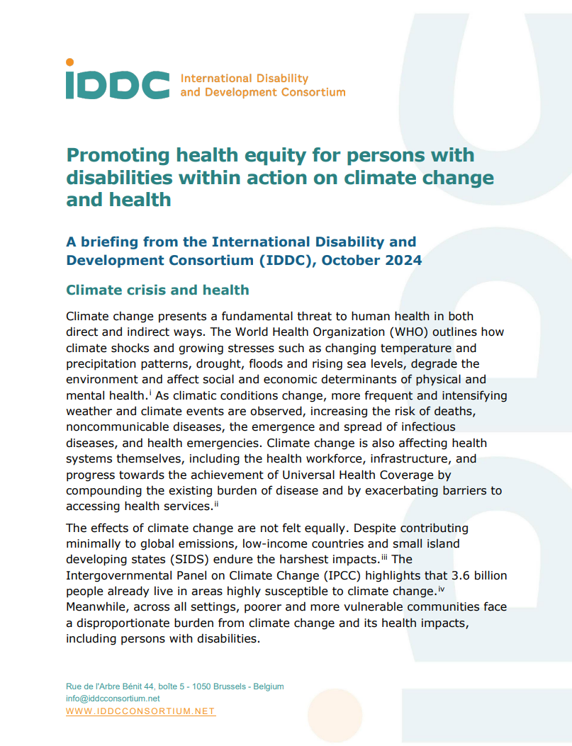 Cover page of IDDC Briefing Promoting health equity for persons with disabilities within action on climate change and health