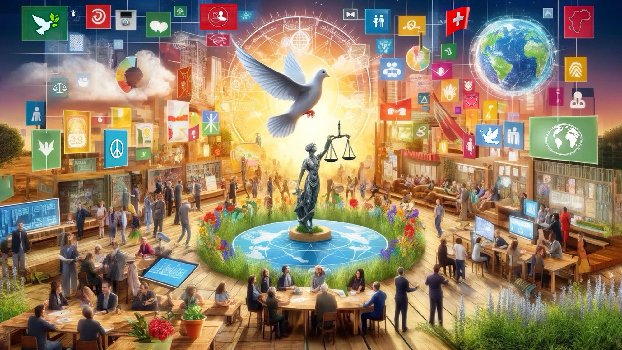 Conceptual image generated by artificial intelligence on international cooperation around the topics of Peace, Governance and Gender Equality.